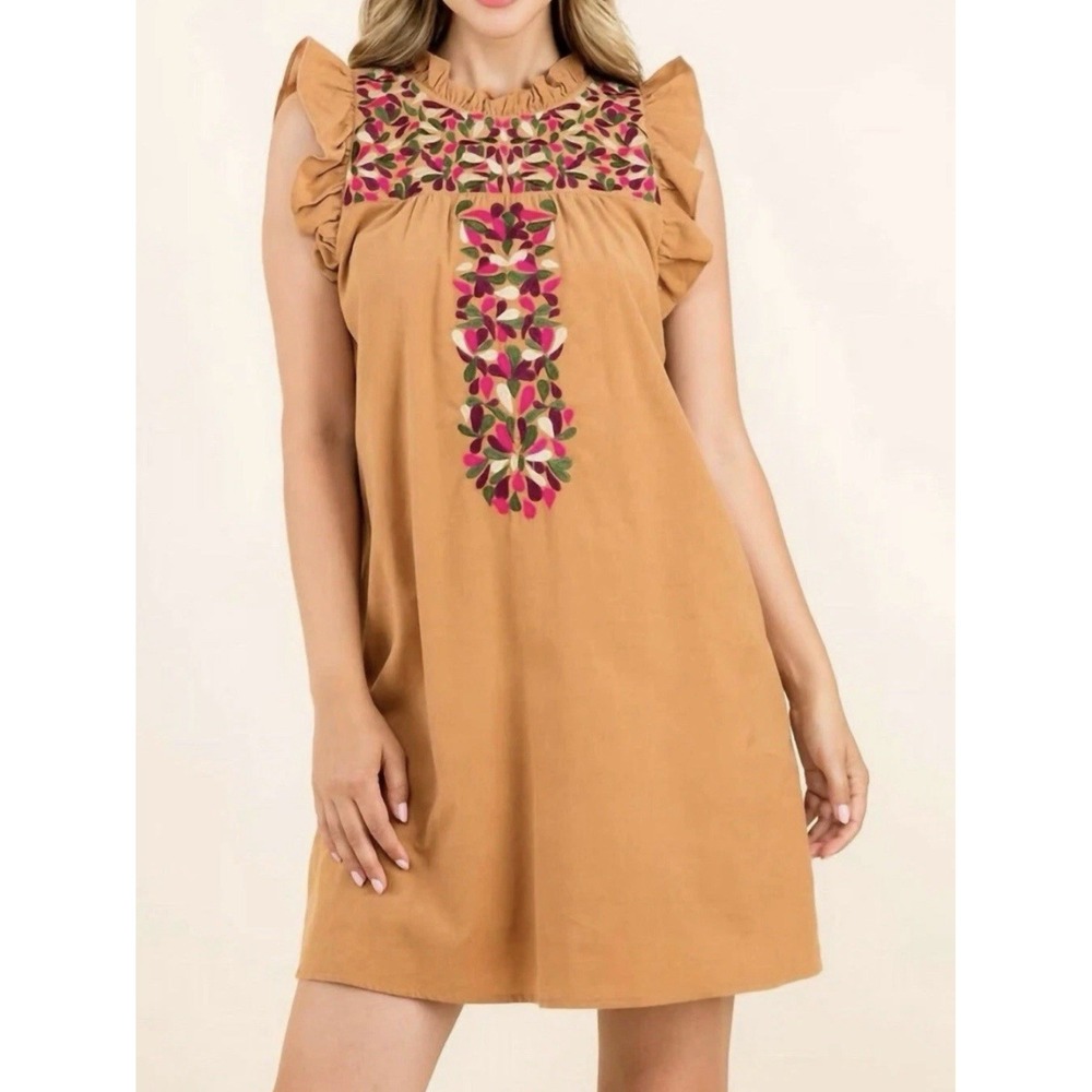 THML Dress Women Size S Corduroy Flutter Sleeve Floral Embroidery VNeck Boho NWT